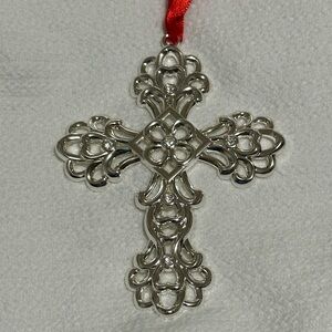 Beautiful Lenox silver plated cross with black with red ribbon hanger. New!
